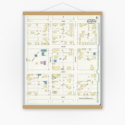 Old map wall art mockup — magnetic wood frame on white wall — Sanborn Fire Insurance Map from Corpus Christi, Nueces County, Texas (1909), Sheet #0004
