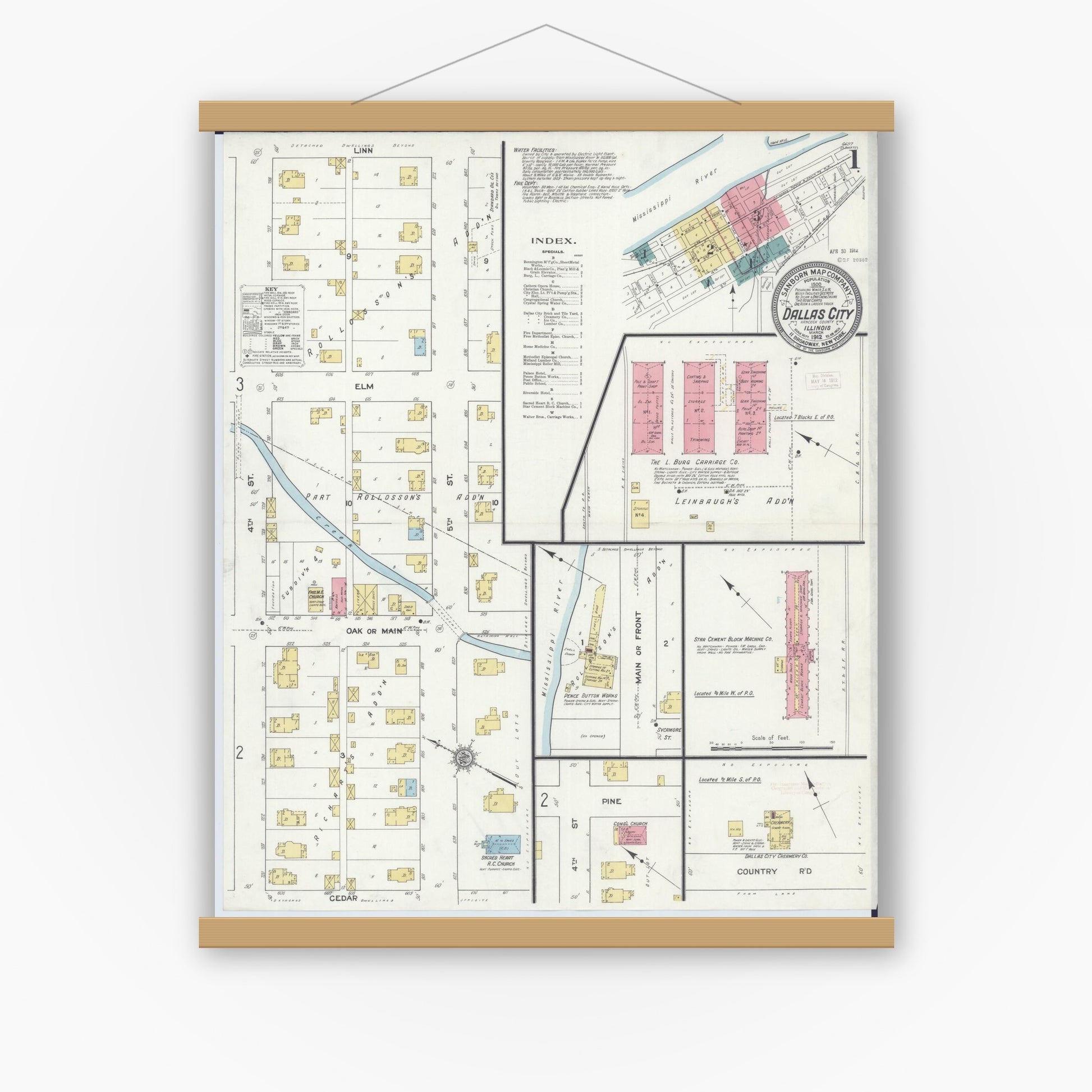 Old map wall art mockup — magnetic wood frame on white wall — Sanborn Fire Insurance Map from Dallas City, Hancock County, Illinois (1912) - Complete Map Set