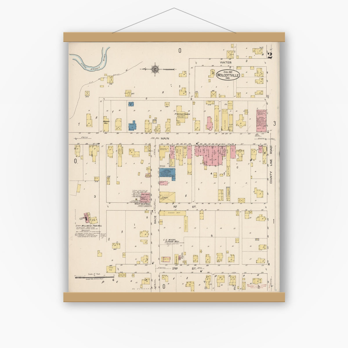 Old map wall art mockup — magnetic wood frame on white wall — Sanborn Fire Insurance Map from Wolcottville, Noble And LaGrange Counties, Indiana (1922), Sheet #0002
