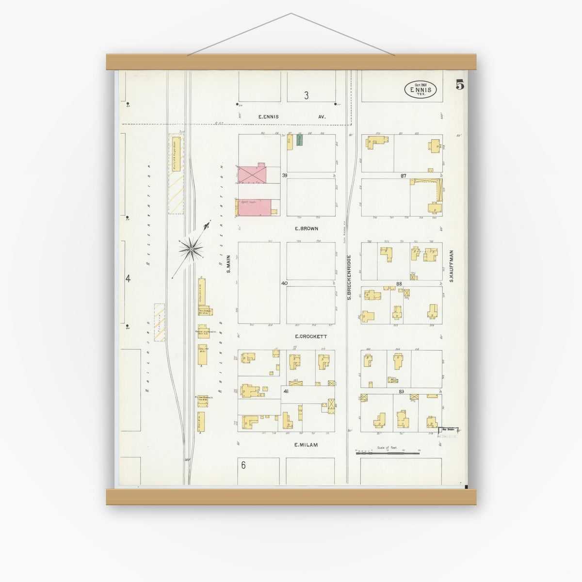 Old map wall art mockup — magnetic wood frame on white wall — Sanborn Fire Insurance Map from Ennis, Ellis County, Texas (1901), Sheet #0005