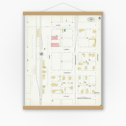 Old map wall art mockup — magnetic wood frame on white wall — Sanborn Fire Insurance Map from Ennis, Ellis County, Texas (1901), Sheet #0005