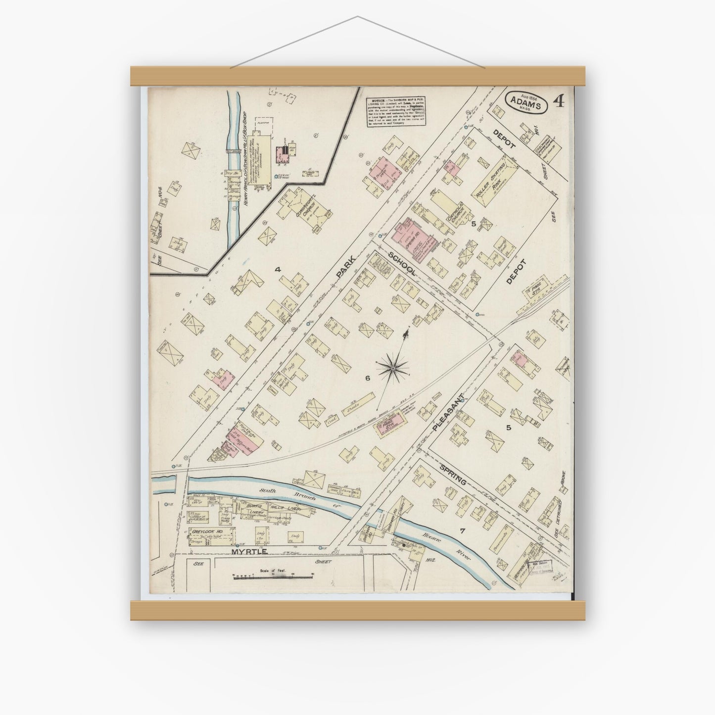 Old map wall art mockup — magnetic wood frame on white wall — Sanborn Fire Insurance Map from Adams, Berkshire County, Massachusetts (1884), Sheet #0004