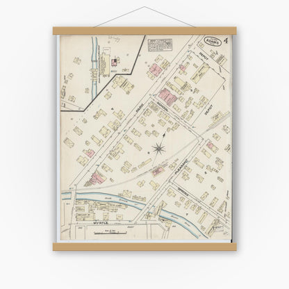Old map wall art mockup — magnetic wood frame on white wall — Sanborn Fire Insurance Map from Adams, Berkshire County, Massachusetts (1884), Sheet #0004