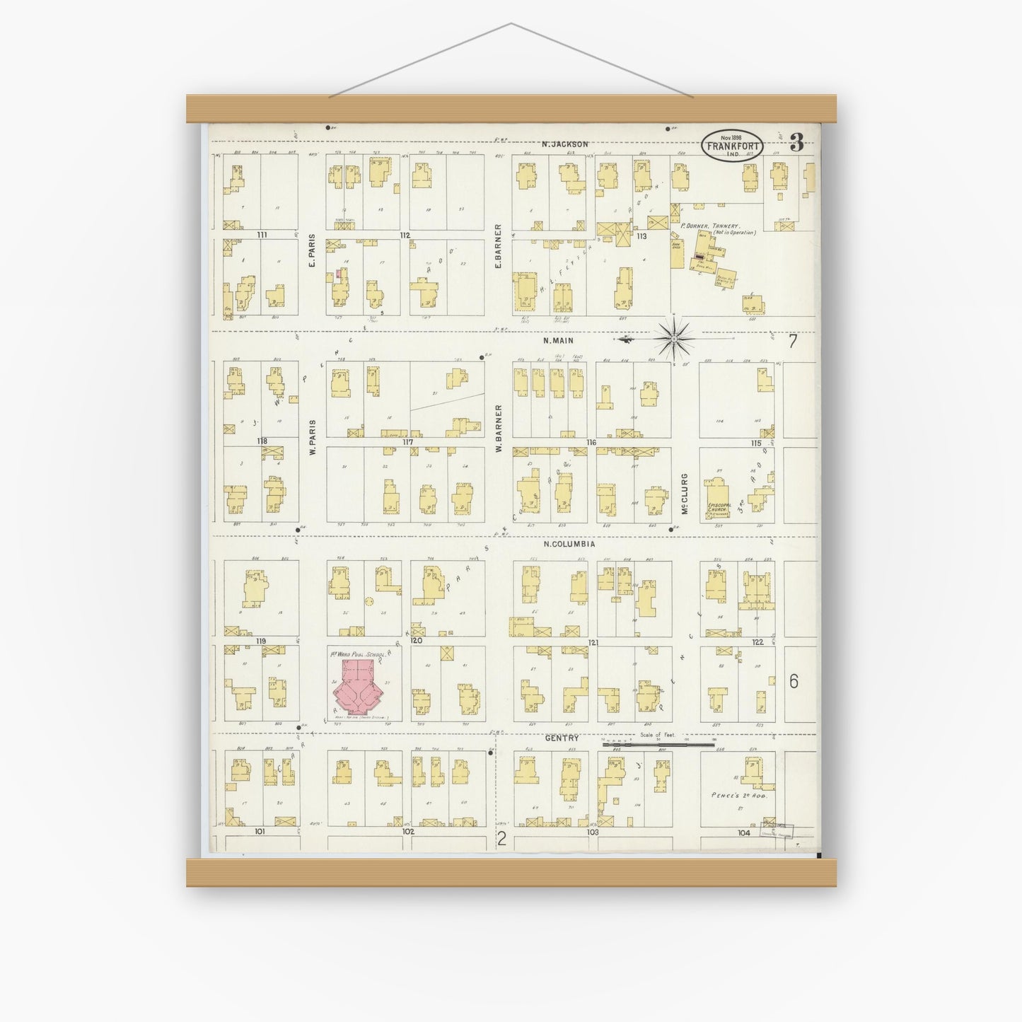 Old map wall art mockup — magnetic wood frame on white wall — Sanborn Fire Insurance Map from Frankfort, Clinton County, Indiana (1898), Sheet #0003