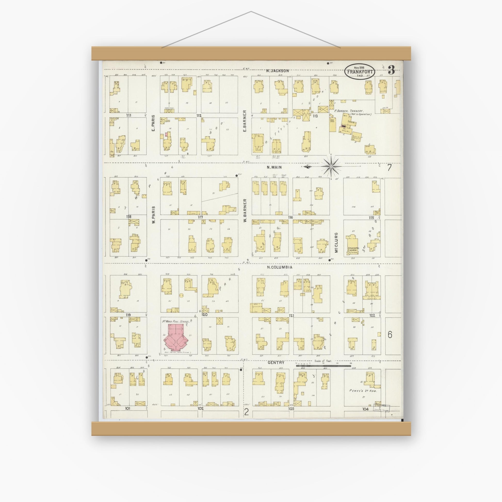 Old map wall art mockup — magnetic wood frame on white wall — Sanborn Fire Insurance Map from Frankfort, Clinton County, Indiana (1898), Sheet #0003