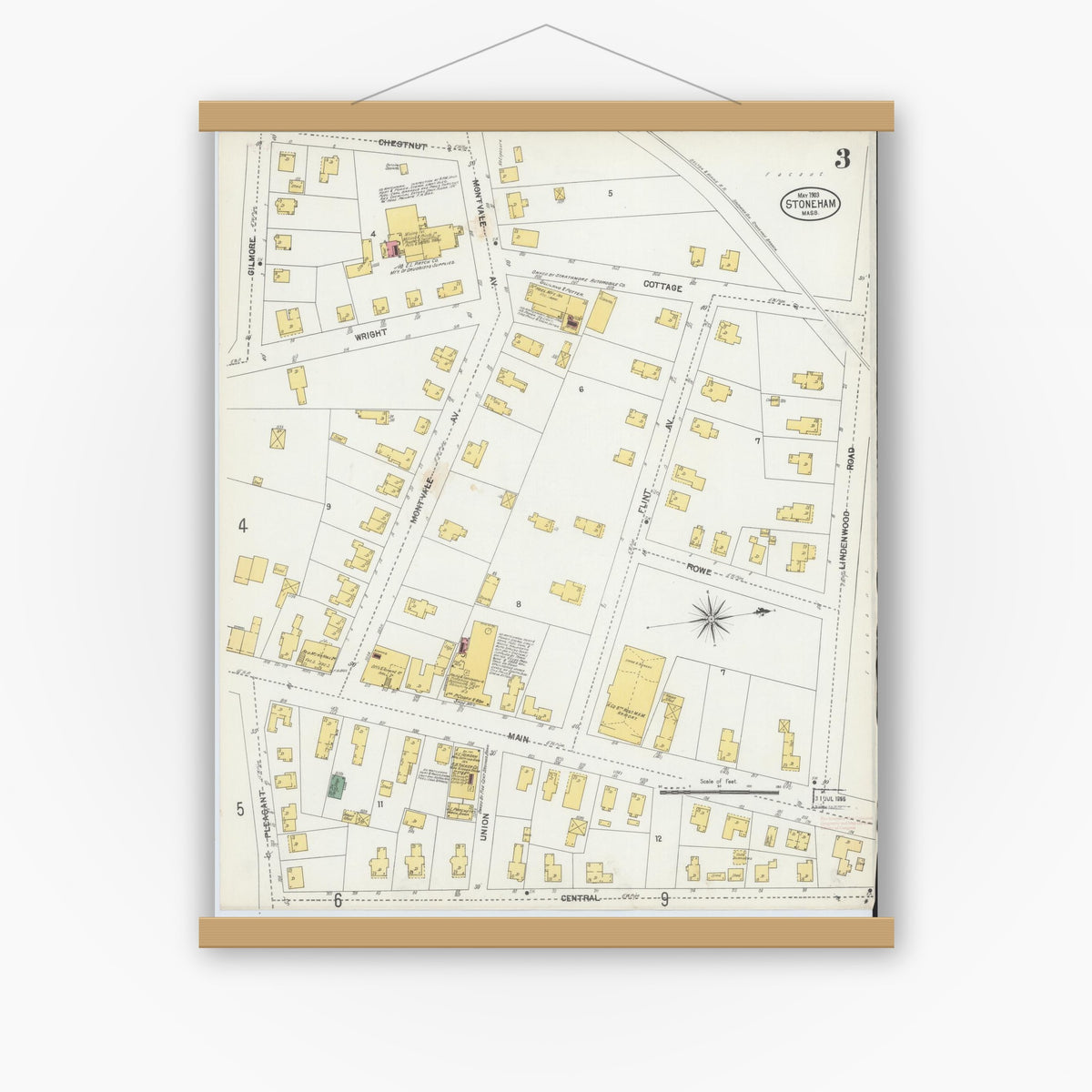 Old map wall art mockup — magnetic wood frame on white wall — Sanborn Fire Insurance Map from Stoneham, Middlesex County, Massachusetts (1903), Sheet #0003
