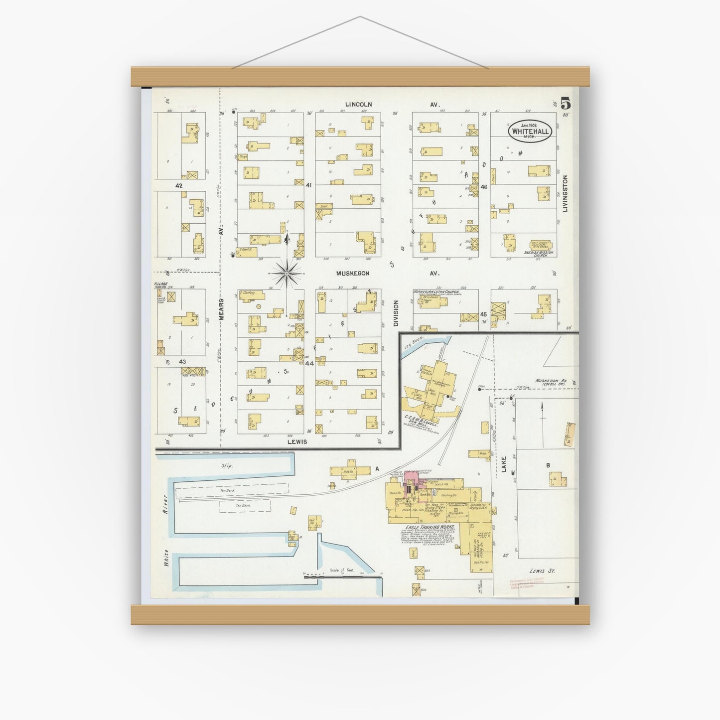 Old map wall art mockup — magnetic wood frame on white wall — Sanborn Fire Insurance Map from Whitehall, Muskegon County, Michigan (1902), Sheet #0005