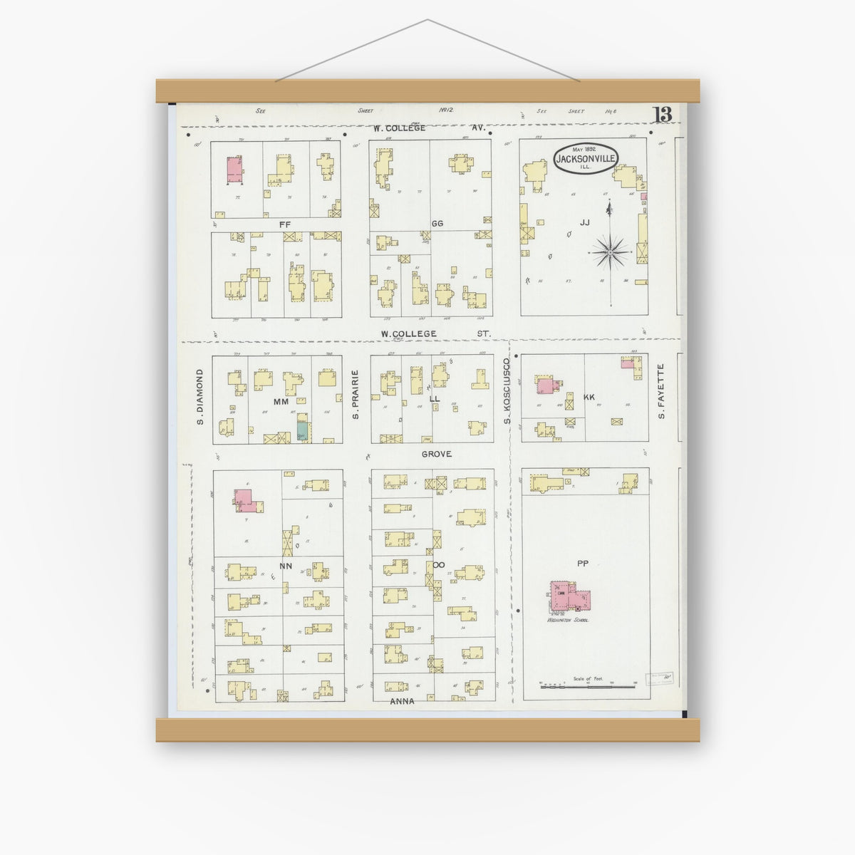 Old map wall art mockup — magnetic wood frame on white wall — Sanborn Fire Insurance Map from Jacksonville, Morgan County, Illinois (1892), Sheet #0013