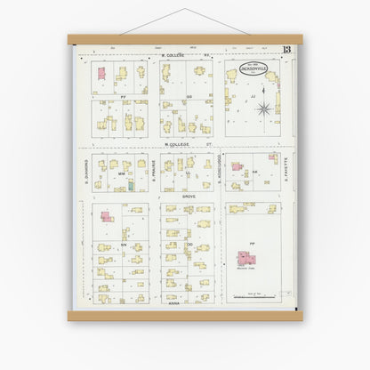 Old map wall art mockup — magnetic wood frame on white wall — Sanborn Fire Insurance Map from Jacksonville, Morgan County, Illinois (1892), Sheet #0013