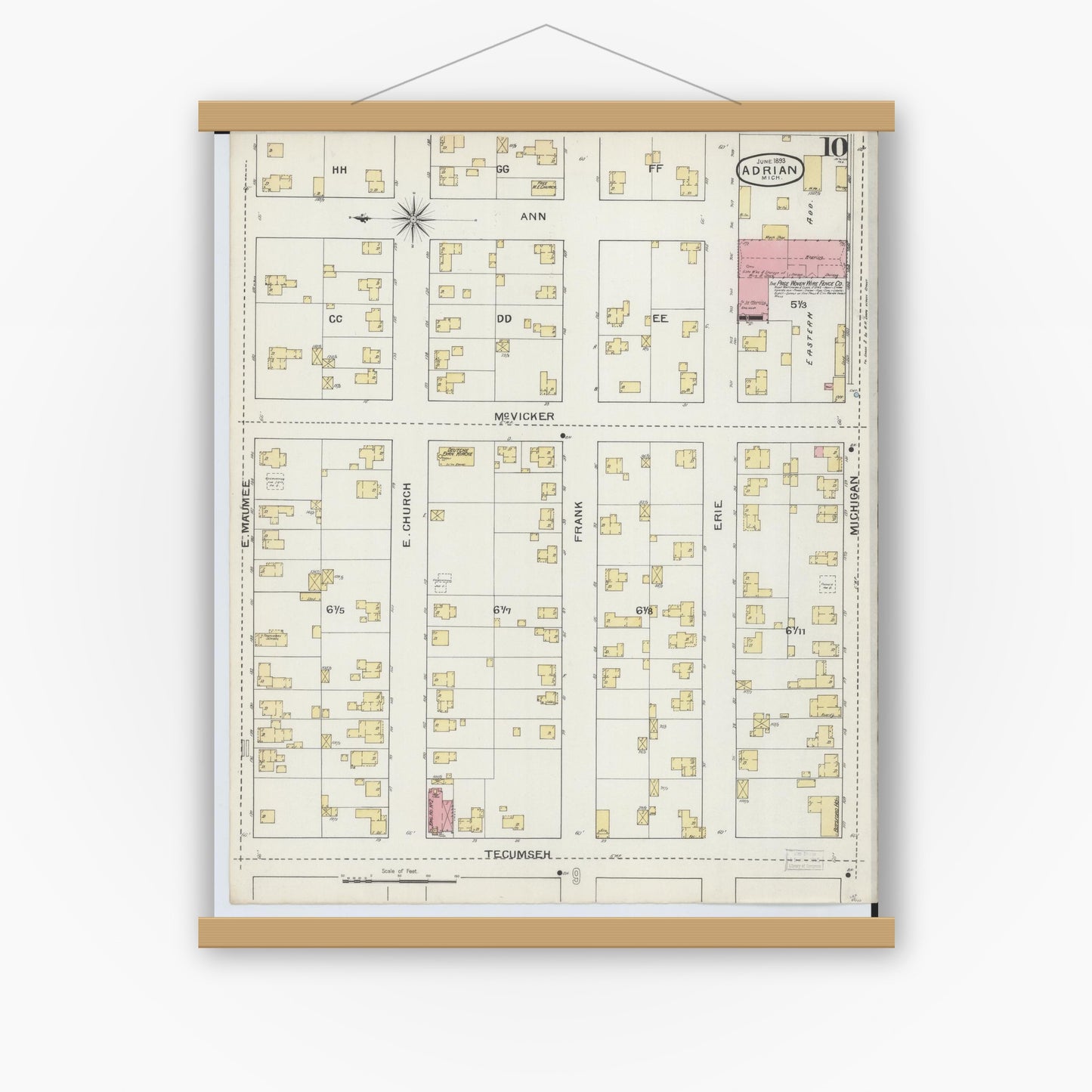 Old map wall art mockup — magnetic wood frame on white wall — Sanborn Fire Insurance Map from Adrian, Lenawee County, Michigan (1893), Sheet #0010