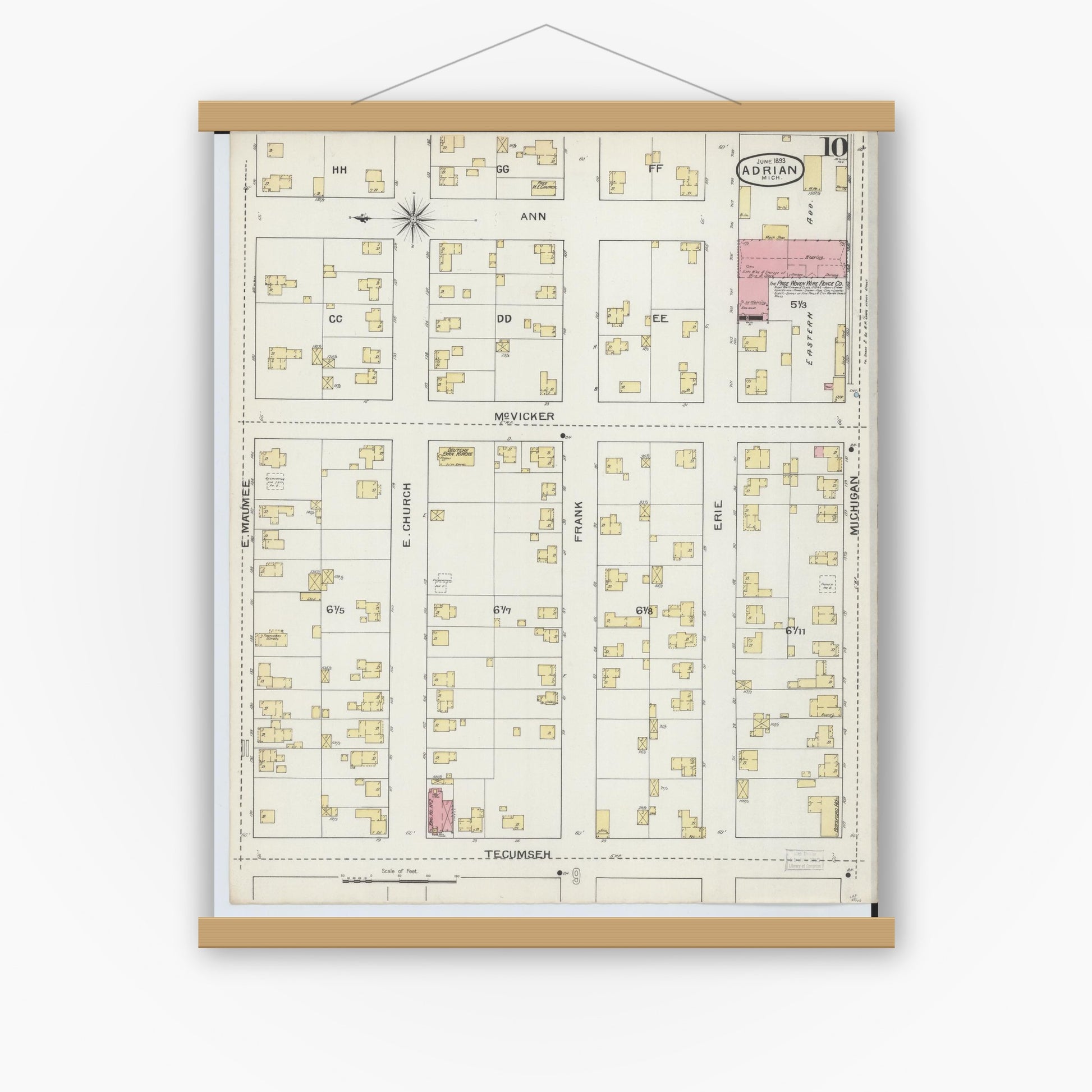 Old map wall art mockup — magnetic wood frame on white wall — Sanborn Fire Insurance Map from Adrian, Lenawee County, Michigan (1893), Sheet #0010