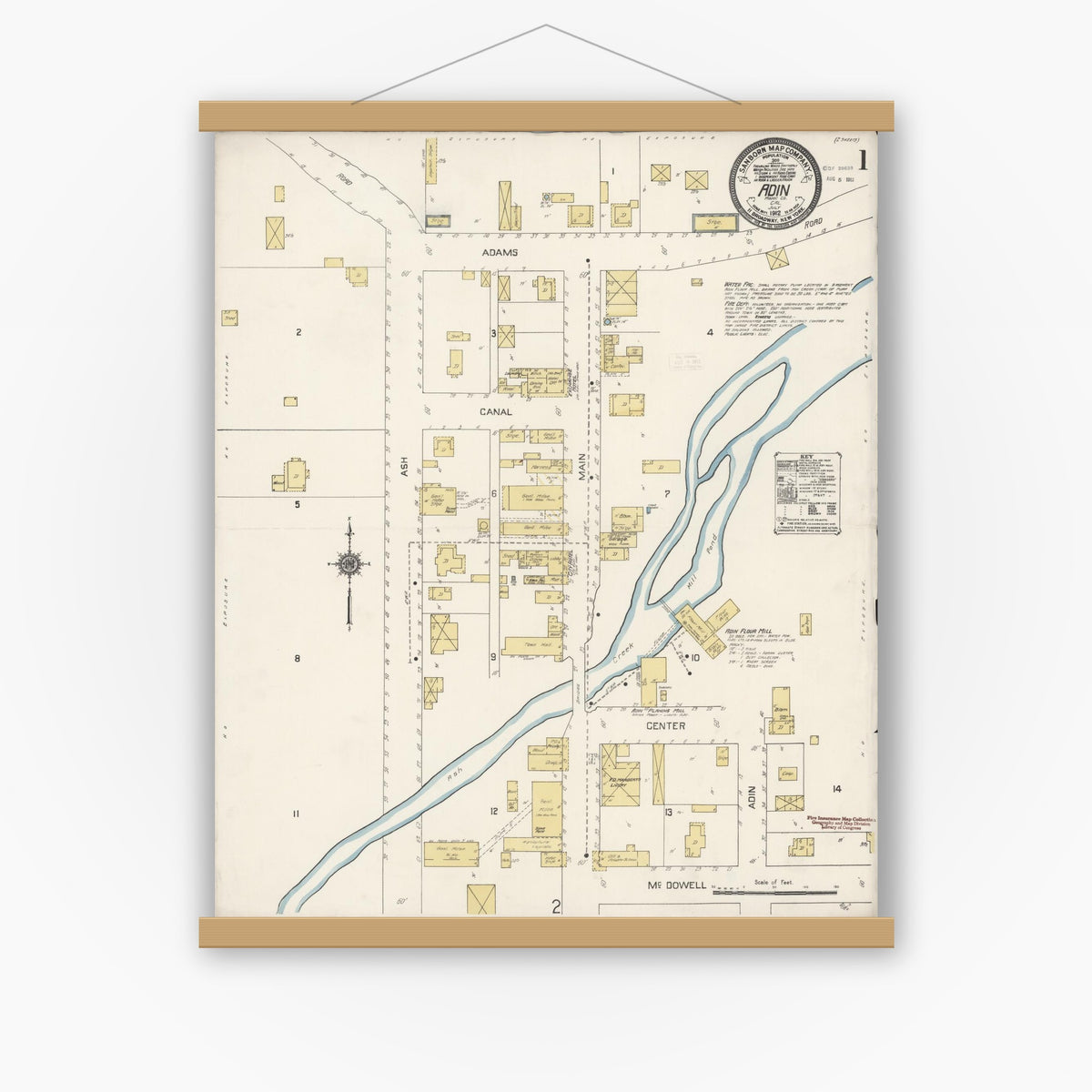 Old map wall art mockup — magnetic wood frame on white wall — Sanborn Fire Insurance Map from Adin, Modoc County, California (1912), Sheet #0001