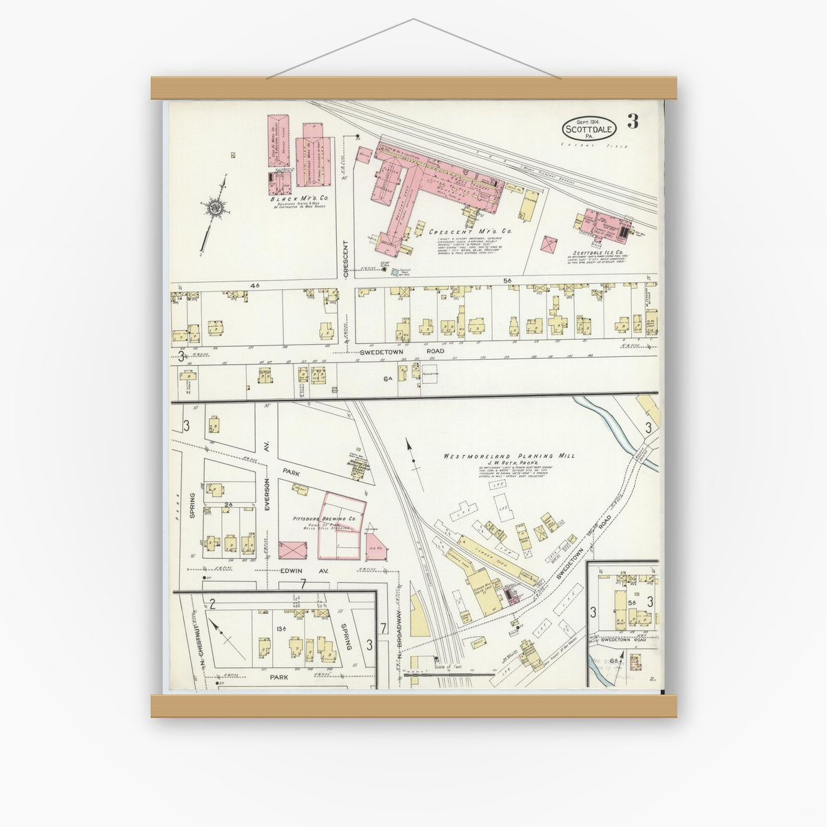 Old map wall art mockup — magnetic wood frame on white wall — Sanborn Fire Insurance Map from Scottdale, Westmoreland County, Pennsylvania (1914), Sheet #0003