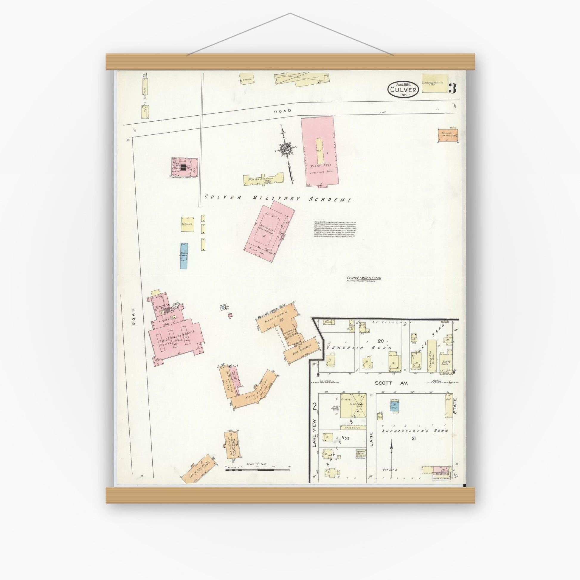 Old map wall art mockup — magnetic wood frame on white wall — Sanborn Fire Insurance Map from Culver, Marshall County, Indiana (1914), Sheet #0003