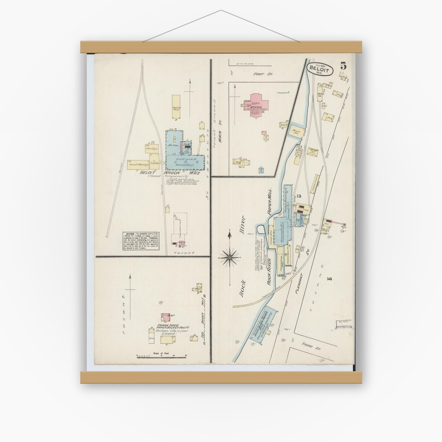 Old map wall art mockup — magnetic wood frame on white wall — Sanborn Fire Insurance Map from Beloit, Rock County, Wisconsin (1884), Sheet #0005