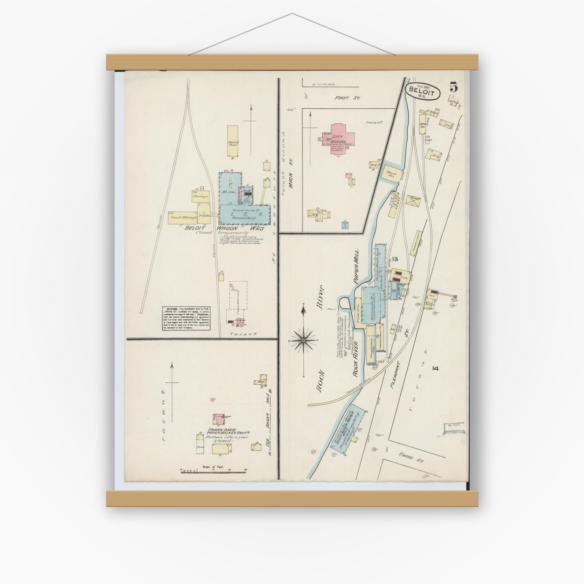Old map wall art mockup — magnetic wood frame on white wall — Sanborn Fire Insurance Map from Beloit, Rock County, Wisconsin (1884), Sheet #0005