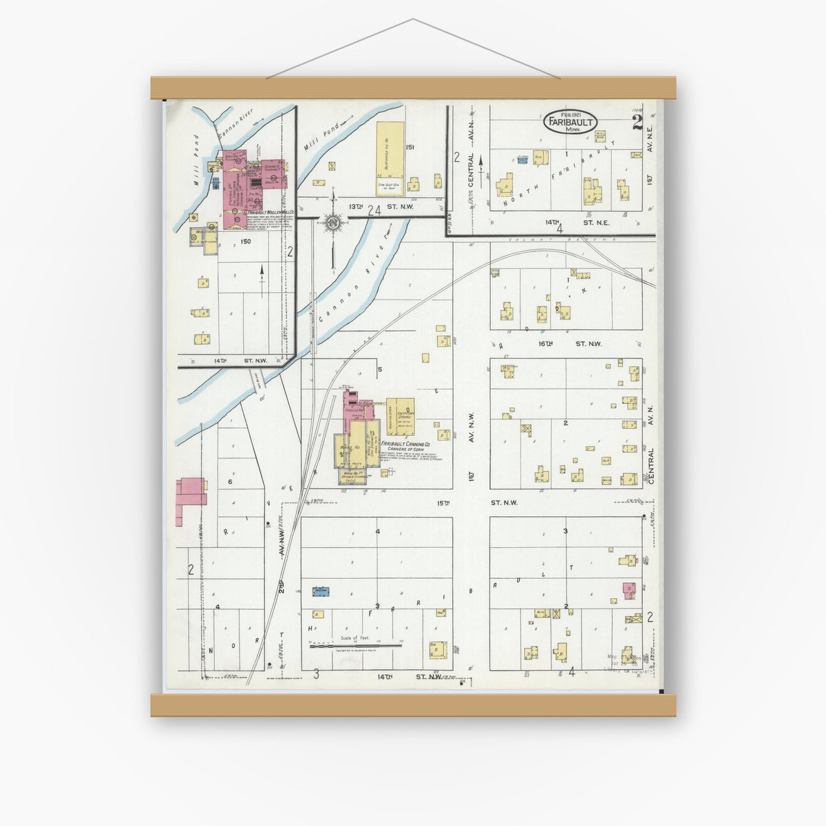 Old map wall art mockup — magnetic wood frame on white wall — Sanborn Fire Insurance Map from Faribault, Rice County, Minnesota (1921), Sheet #0002