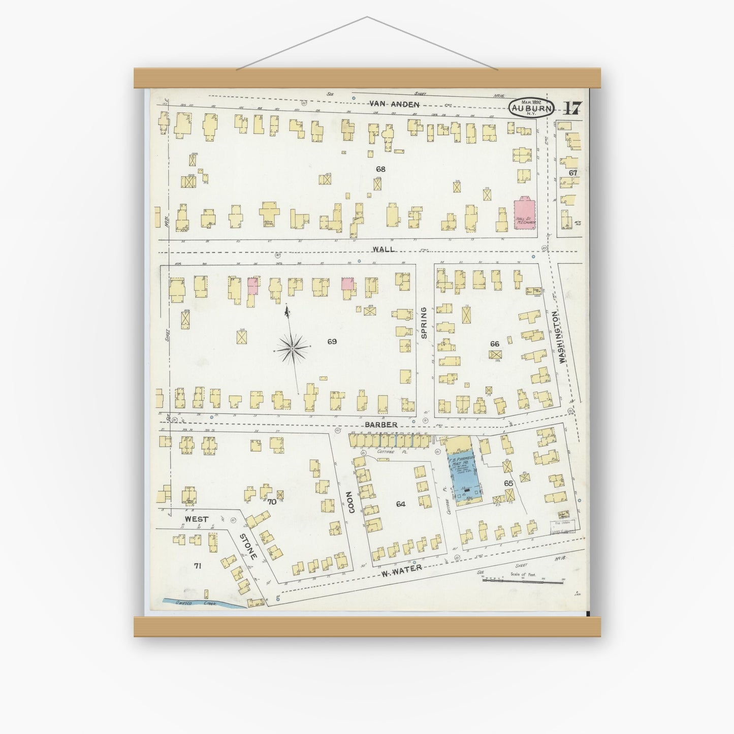 Old map wall art mockup — magnetic wood frame on white wall — Sanborn Fire Insurance Map from Auburn, Cayuga County, New York (1892), Sheet #0017