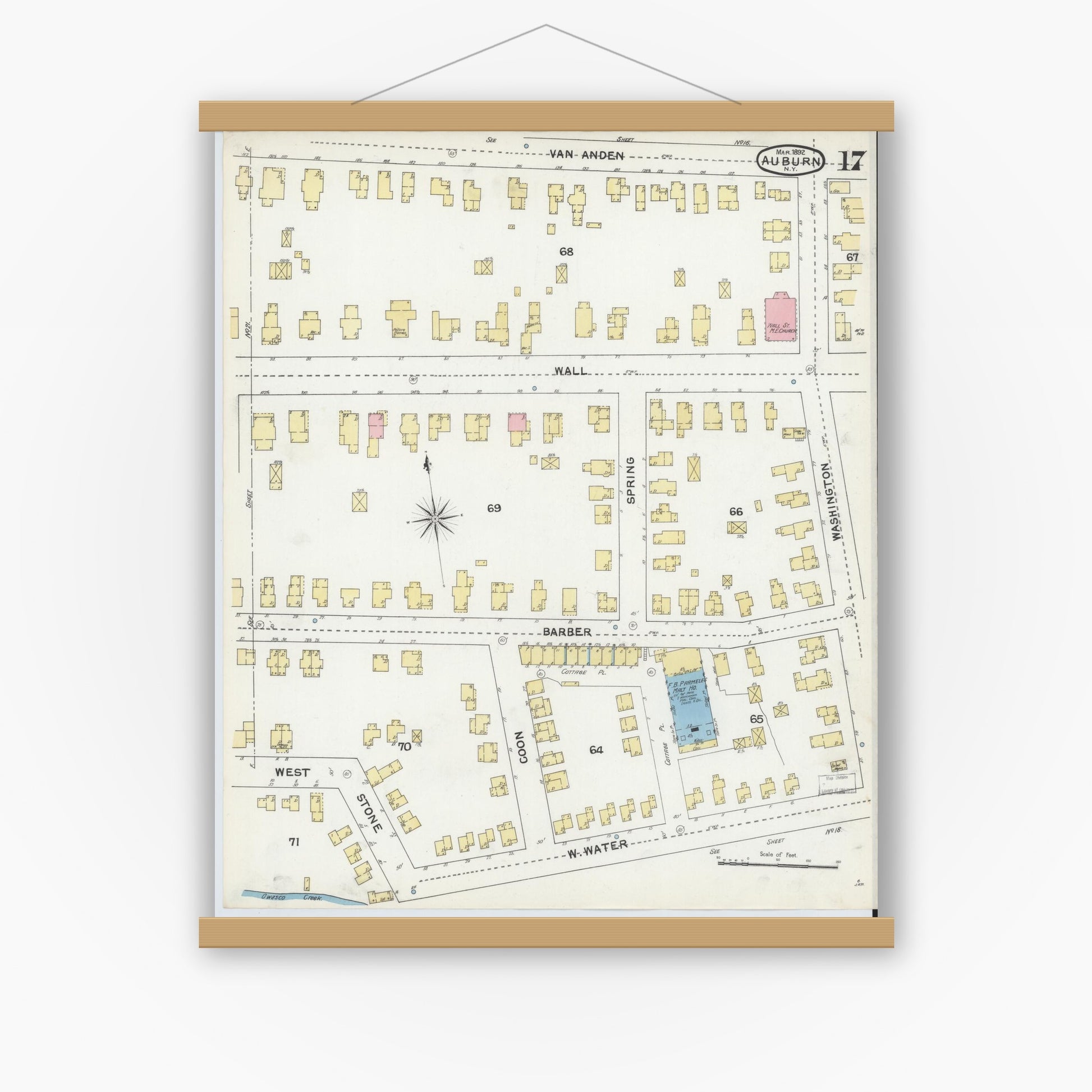 Old map wall art mockup — magnetic wood frame on white wall — Sanborn Fire Insurance Map from Auburn, Cayuga County, New York (1892), Sheet #0017