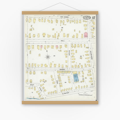 Old map wall art mockup — magnetic wood frame on white wall — Sanborn Fire Insurance Map from Auburn, Cayuga County, New York (1892), Sheet #0017