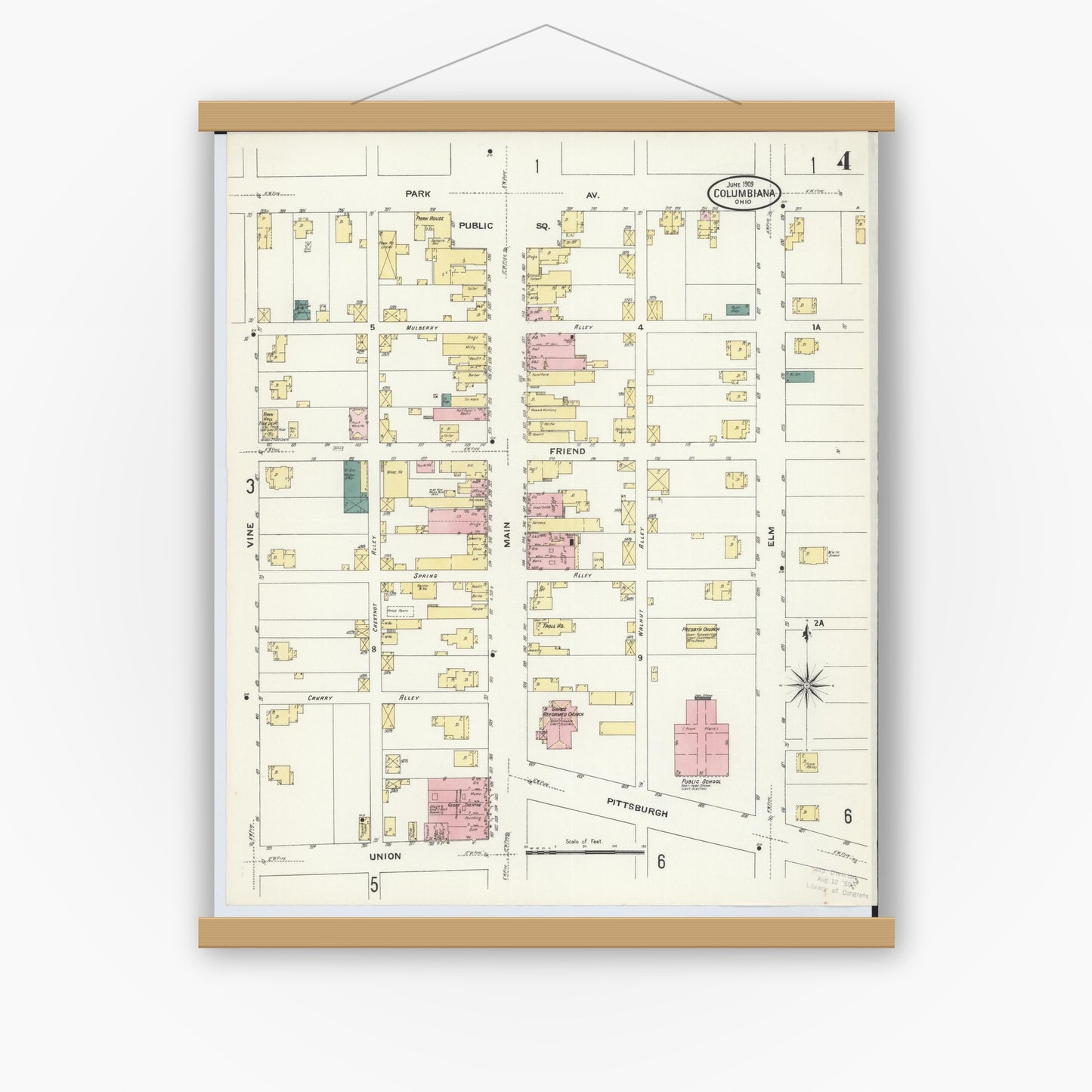 Old map wall art mockup — magnetic wood frame on white wall — Sanborn Fire Insurance Map from Columbiana, Columbiana County, Ohio (1909), Sheet #0004