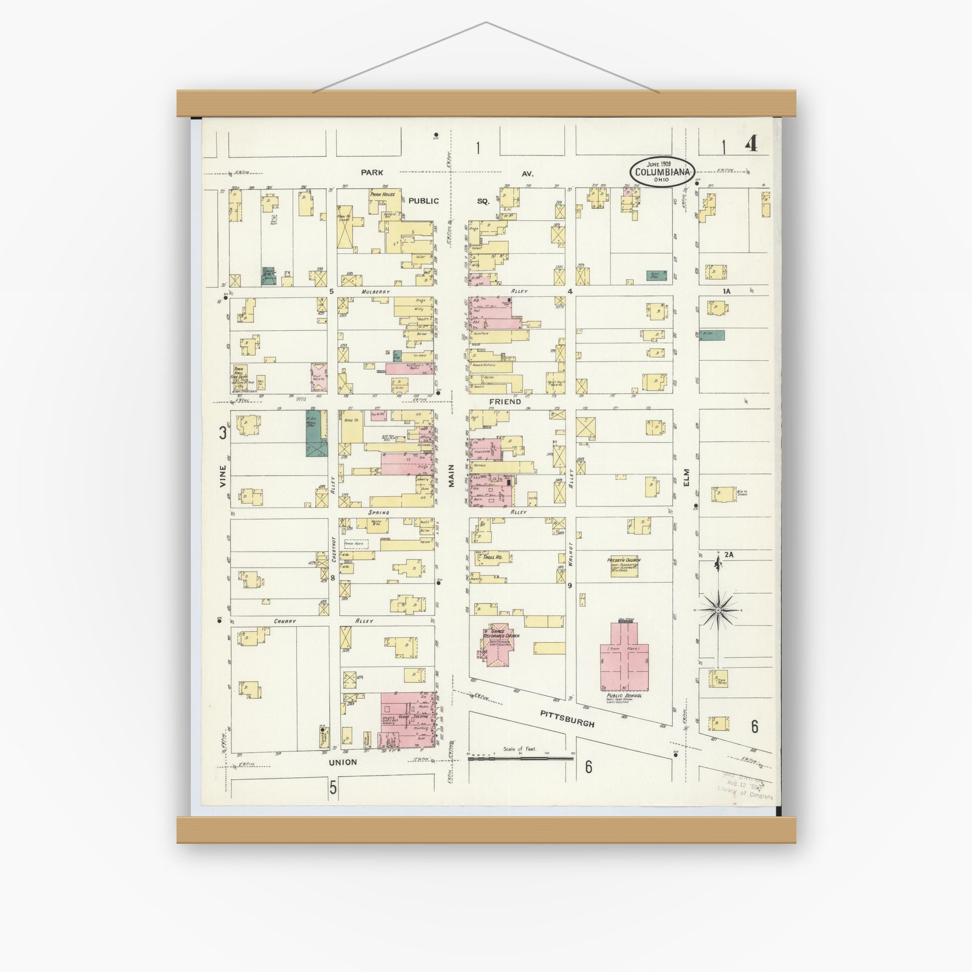 Old map wall art mockup — magnetic wood frame on white wall — Sanborn Fire Insurance Map from Columbiana, Columbiana County, Ohio (1909), Sheet #0004