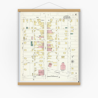 Old map wall art mockup — magnetic wood frame on white wall — Sanborn Fire Insurance Map from Columbiana, Columbiana County, Ohio (1909), Sheet #0004
