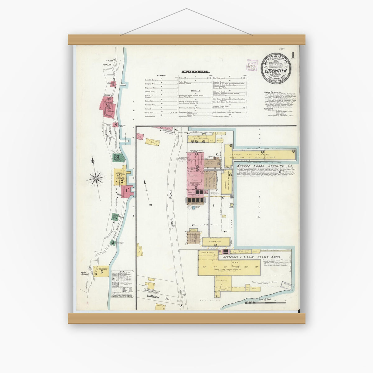 Old map wall art mockup — magnetic wood frame on white wall — Sanborn Fire Insurance Map from Edgewater, Bergen County, New Jersey (1908) - Complete Map Set