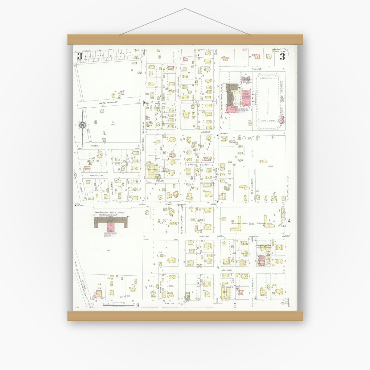 Old map wall art mockup — magnetic wood frame on white wall — Sanborn Fire Insurance Map from Conroe, Montgomery County, Texas (1938), Sheet #0003