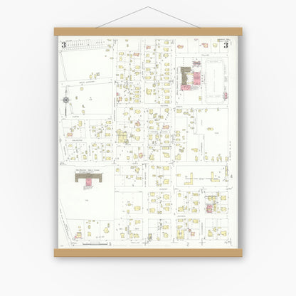 Old map wall art mockup — magnetic wood frame on white wall — Sanborn Fire Insurance Map from Conroe, Montgomery County, Texas (1938), Sheet #0003