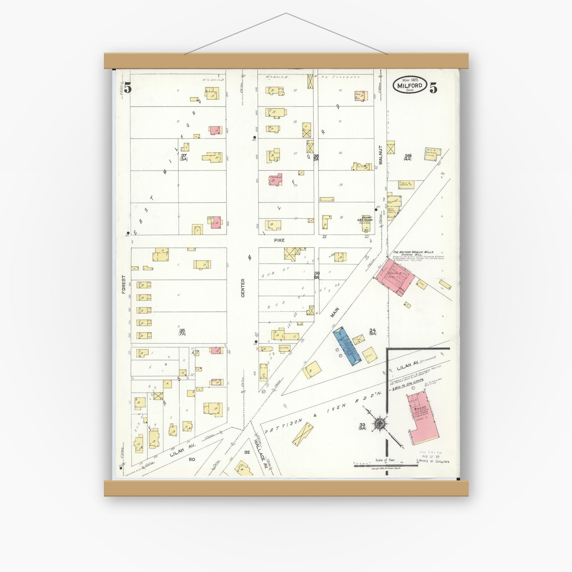 Old map wall art mockup — magnetic wood frame on white wall — Sanborn Fire Insurance Map from Milford, Clermont And Hamilton County, Ohio (1925), Sheet #0005