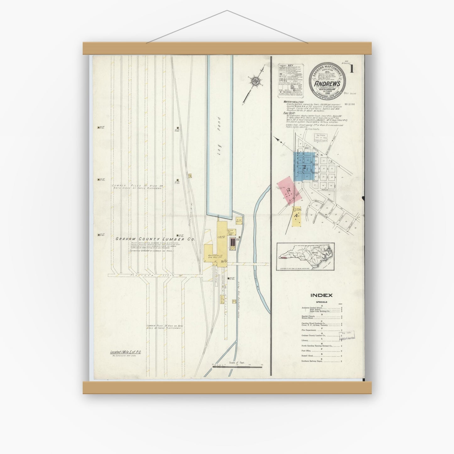 Old map wall art mockup — magnetic wood frame on white wall — Sanborn Fire Insurance Map from Andrews, Cherokee County, North Carolina (1916), Sheet #0001