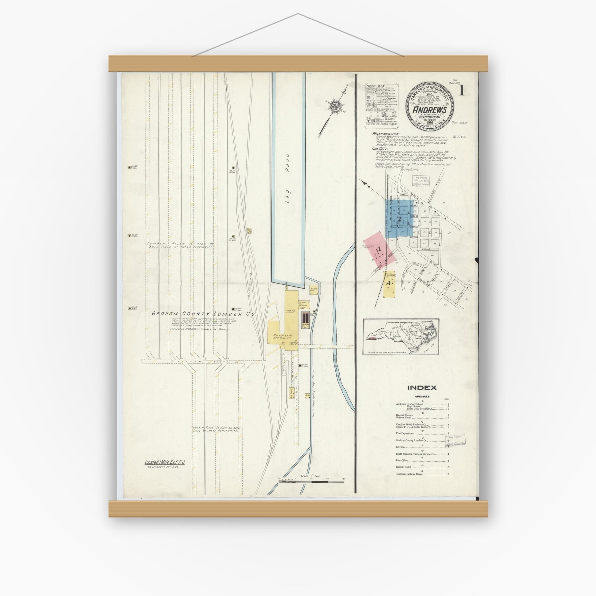 Old map wall art mockup — magnetic wood frame on white wall — Sanborn Fire Insurance Map from Andrews, Cherokee County, North Carolina (1916), Sheet #0001