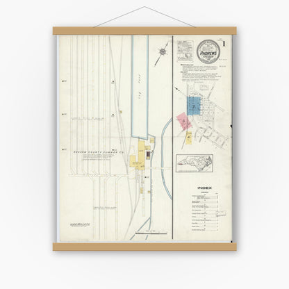 Old map wall art mockup — magnetic wood frame on white wall — Sanborn Fire Insurance Map from Andrews, Cherokee County, North Carolina (1916), Sheet #0001