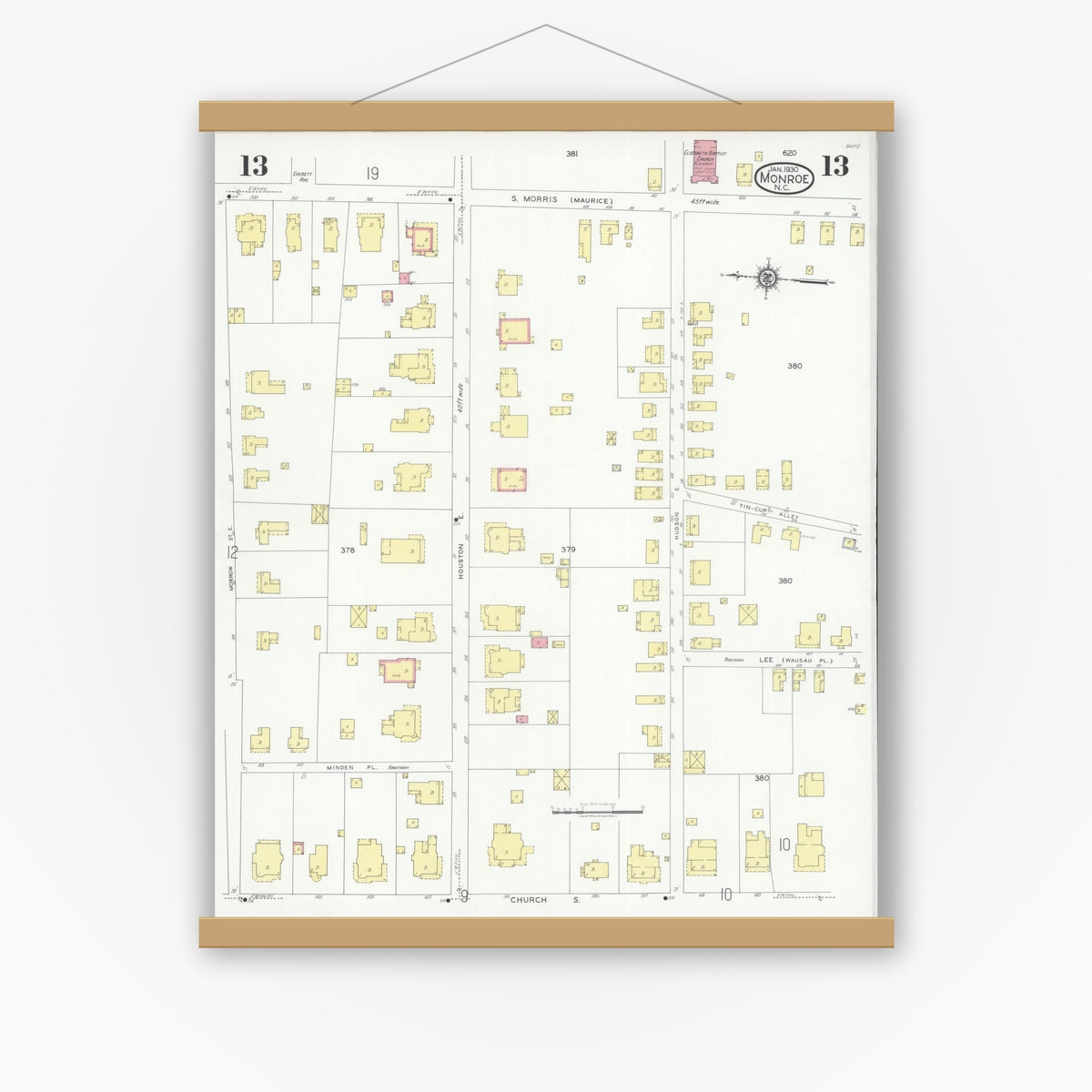 Old map wall art mockup — magnetic wood frame on white wall — Sanborn Fire Insurance Map from Monroe, Union County, North Carolina (1930), Sheet #0013