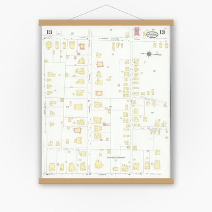 Old map wall art mockup — magnetic wood frame on white wall — Sanborn Fire Insurance Map from Monroe, Union County, North Carolina (1930), Sheet #0013
