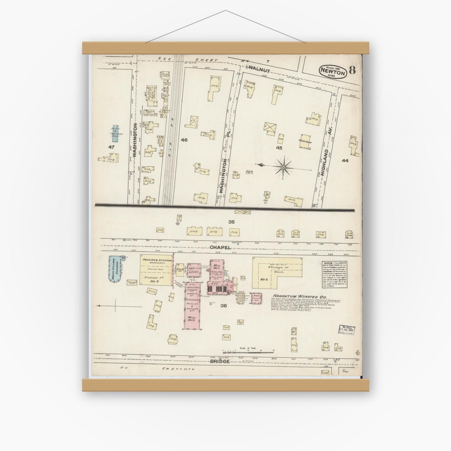 Old map wall art mockup — magnetic wood frame on white wall — Sanborn Fire Insurance Map from Newton, Middlesex County, Massachusetts (1884), Sheet #0008