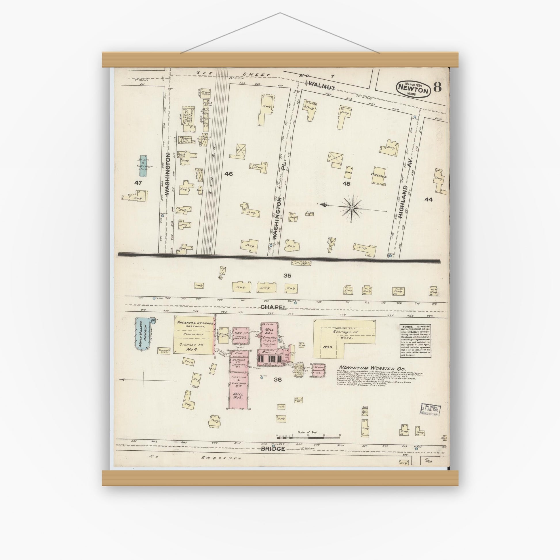 Old map wall art mockup — magnetic wood frame on white wall — Sanborn Fire Insurance Map from Newton, Middlesex County, Massachusetts (1884), Sheet #0008