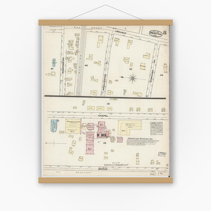 Old map wall art mockup — magnetic wood frame on white wall — Sanborn Fire Insurance Map from Newton, Middlesex County, Massachusetts (1884), Sheet #0008