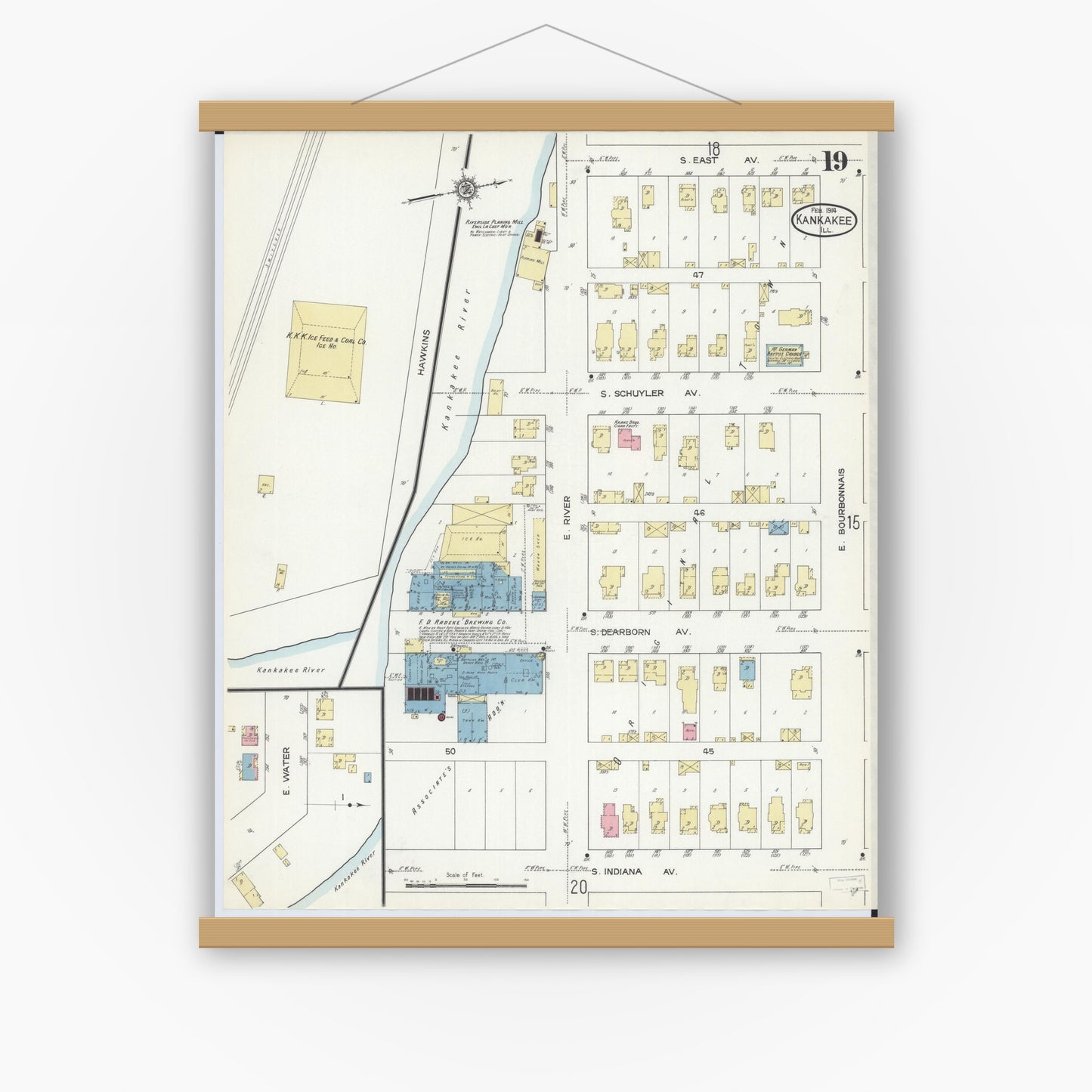 Old map wall art mockup — magnetic wood frame on white wall — Sanborn Fire Insurance Map from Kankakee, Kankakee County, Illinois (1914), Sheet #0019
