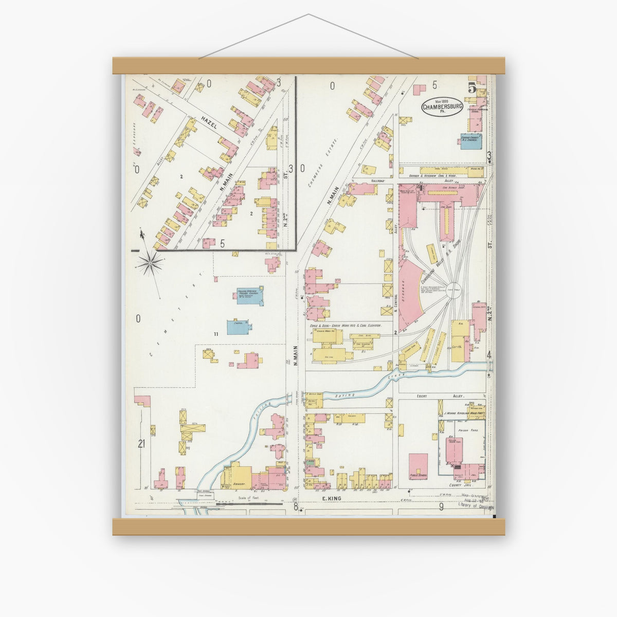 Old map wall art mockup — magnetic wood frame on white wall — Sanborn Fire Insurance Map from Chambersburg, Franklin County, Pennsylvania (1899), Sheet #0005