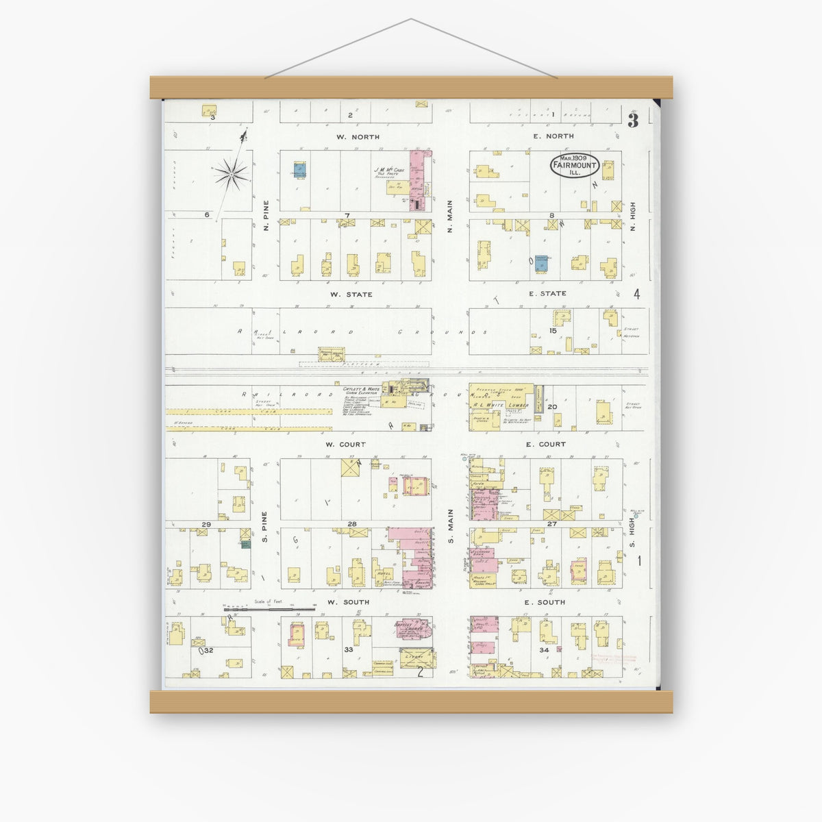 Old map wall art mockup — magnetic wood frame on white wall — Sanborn Fire Insurance Map from Fairmount, Vermilion County, Illinois (1909), Sheet #0003