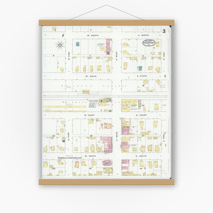 Old map wall art mockup — magnetic wood frame on white wall — Sanborn Fire Insurance Map from Fairmount, Vermilion County, Illinois (1909), Sheet #0003
