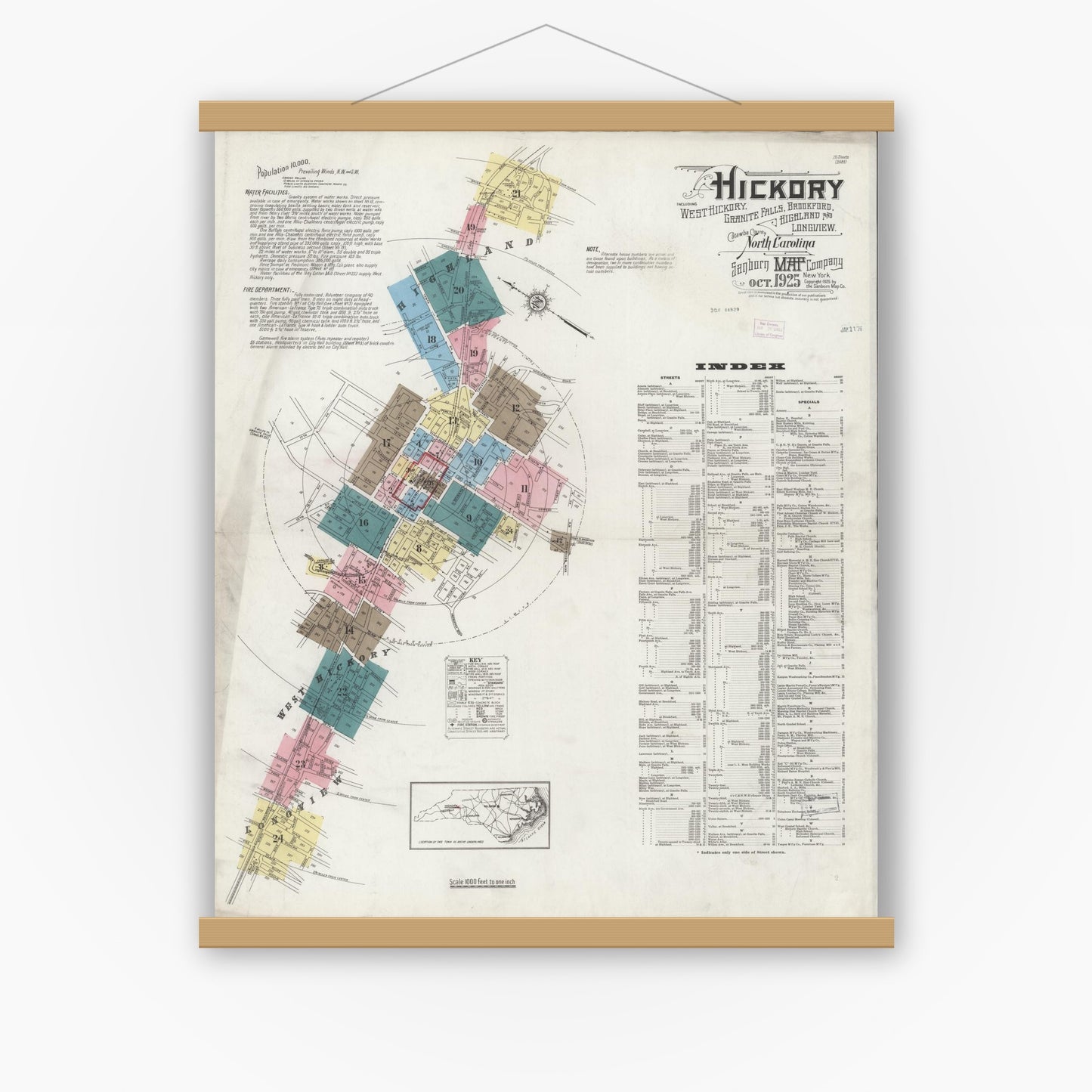 Old map wall art mockup — magnetic wood frame on white wall — Sanborn Fire Insurance Map from Hickory, Catawba County, North Carolina (1925) - Complete Map Set