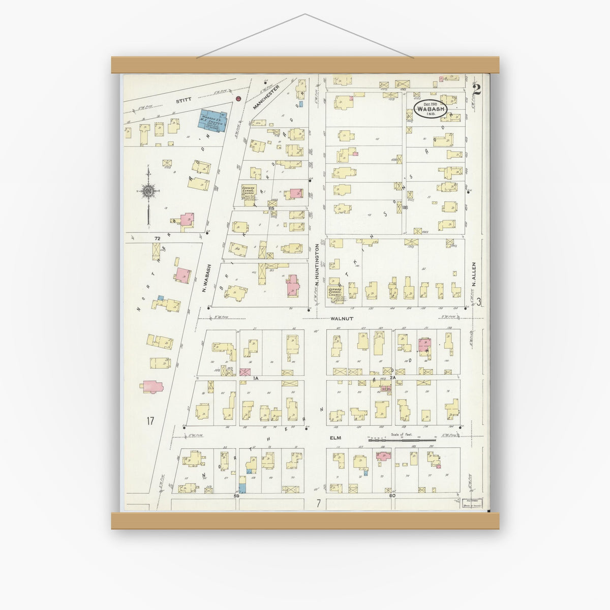 Old map wall art mockup — magnetic wood frame on white wall — Sanborn Fire Insurance Map from Wabash, Wabash County, Indiana (1910), Sheet #0002