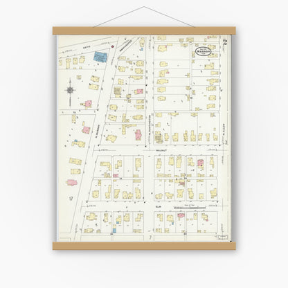 Old map wall art mockup — magnetic wood frame on white wall — Sanborn Fire Insurance Map from Wabash, Wabash County, Indiana (1910), Sheet #0002