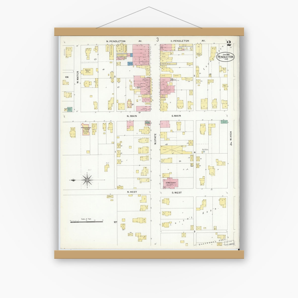 Old map wall art mockup — magnetic wood frame on white wall — Sanborn Fire Insurance Map from Pendleton, Madison County, Indiana (1908), Sheet #0002