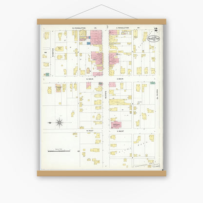 Old map wall art mockup — magnetic wood frame on white wall — Sanborn Fire Insurance Map from Pendleton, Madison County, Indiana (1908), Sheet #0002
