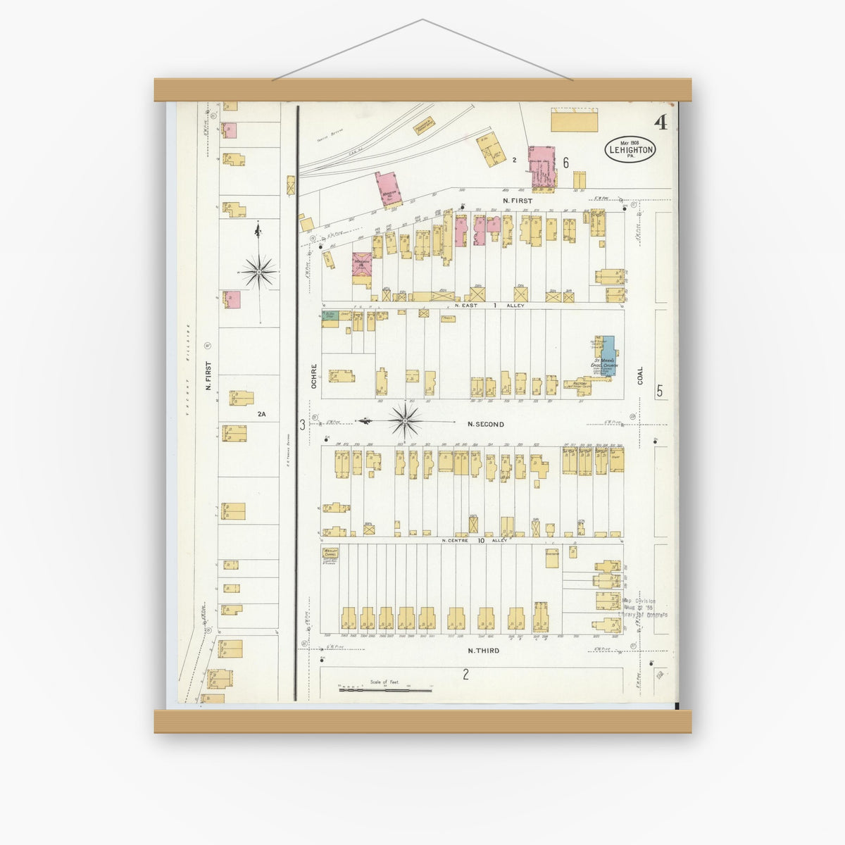 Old map wall art mockup — magnetic wood frame on white wall — Sanborn Fire Insurance Map from Lehighton, Carbon County, Pennsylvania (1908), Sheet #0004