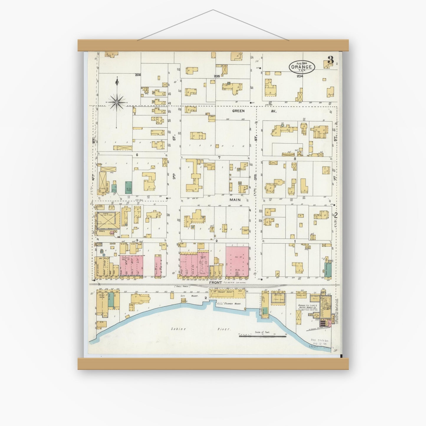 Old map wall art mockup — magnetic wood frame on white wall — Sanborn Fire Insurance Map from Orange, Orange County, Texas (1904), Sheet #0003